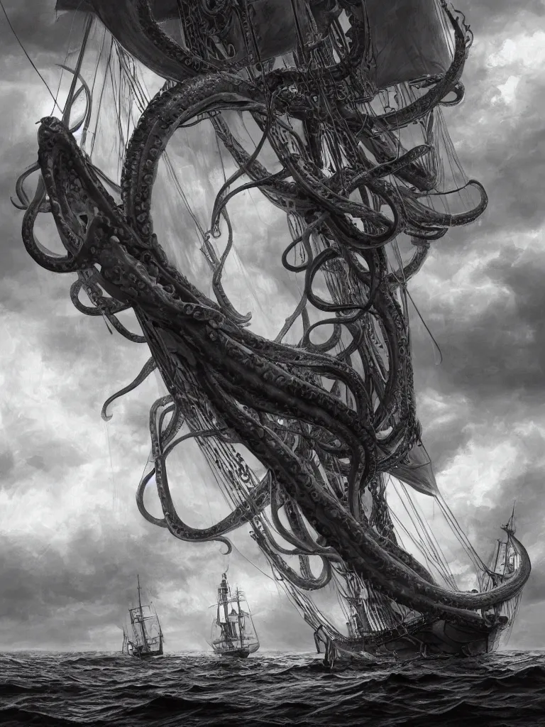 Prompt: a hyperrealist photography of a giant kraken squid with tentacles pulling down an ancient wooden schooner sea vessel with big sails, dramatic lighting, sun through clouds, cinematic, highly detailed, sharp focus, intricate concept art, digital painting, ambient lighting, 4 k, artstation