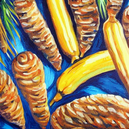 Image similar to baguettes on a banana palm, intricately detailed acrylic painting