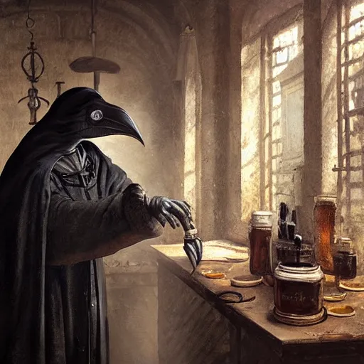 Image similar to plague doctor working in medieval apothecary wearing gloves, bird beak, magical alchemy laboratory, oil painting, by Greg Rutkowski