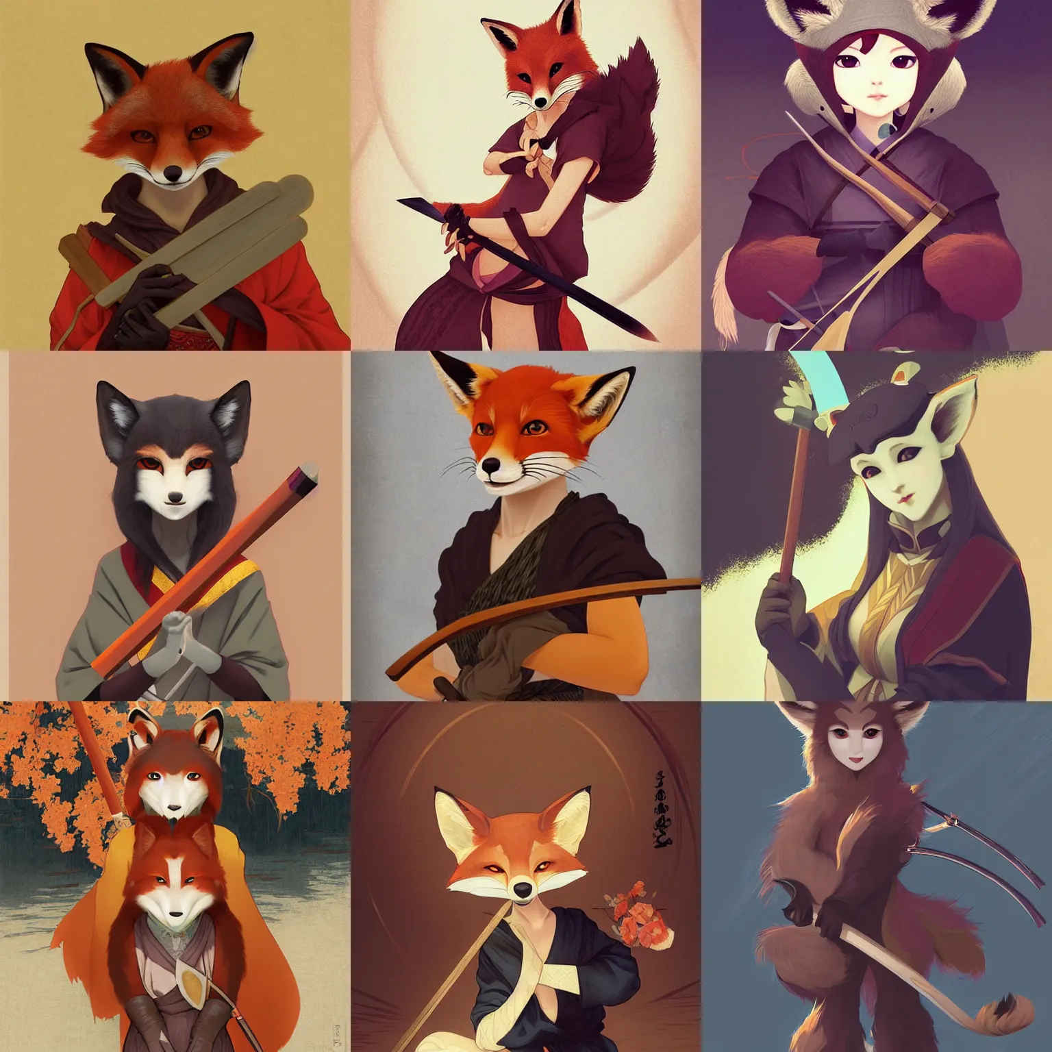 Prompt: a portrait of an anthropomorphic fox vixen dressed in a jinbaori, fox nobushi holding a naginata, beauty portrait by ilya kuvshinov, stanley lau, furry fursona!, anime!, soft lighting, bouguereau, alphonse mucha, intricate, masterpiece