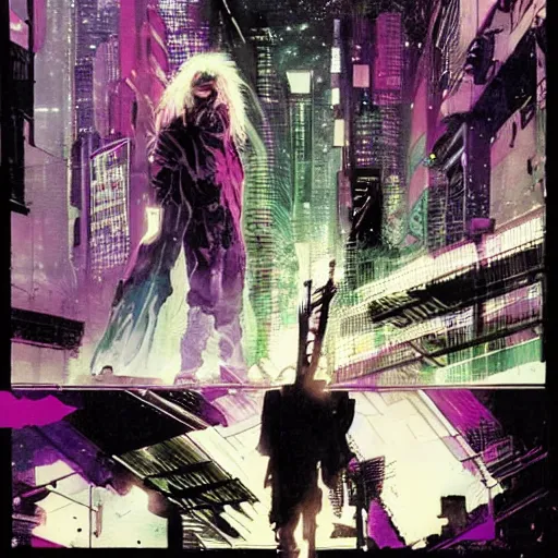 Prompt: cyberpunk dreaming by bobby zeik and bill sienkiewicz and david mack