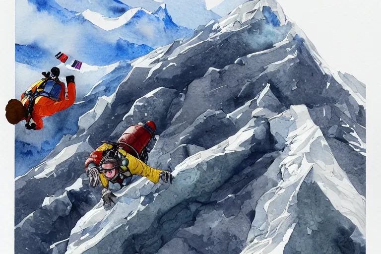 Image similar to diving from the top of mount everest. Film watercolor, artstation, highly detailed. Sharp, 8k