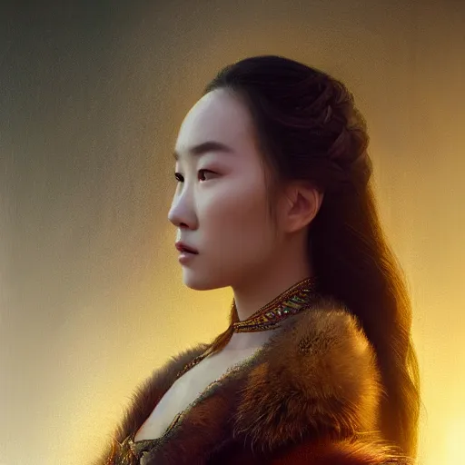 Image similar to beautiful elegant mongolian princess royalty portrait in sensual pose, face centered portrait, confident, fog, volumetric lighting, beautiful, golden hour, sharp focus, ultra detailed, conceptartworld by leesha hannigan, ross tran, thierry doizon, kai carpenter, ignacio fernandez rios