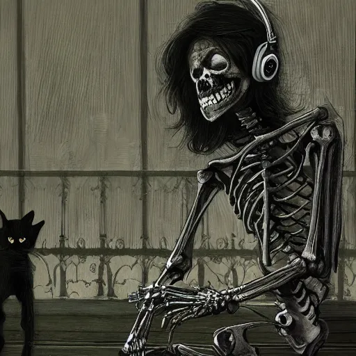 Image similar to skeleton wearing headphones, watching girl playing guitar while her black cat standing next to her, detailed intricate ink illustration, dark atmosphere, detailed illustration, hd, 4k, digital art, overdetailed art, by greg rutkowski, by loish, complementing colors, Trending on artstation