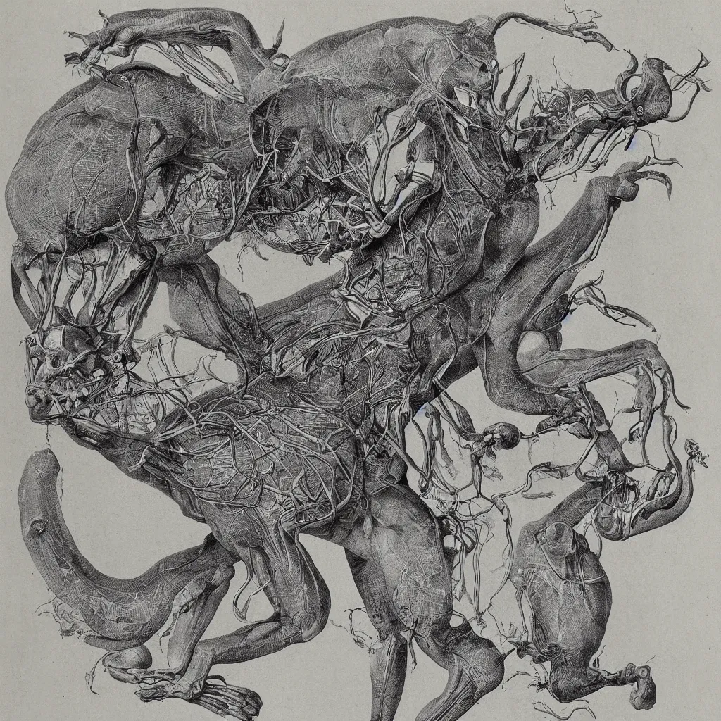 Image similar to anatomical engraving of an unknown specie, anatomical study of animal hybrids from another universe