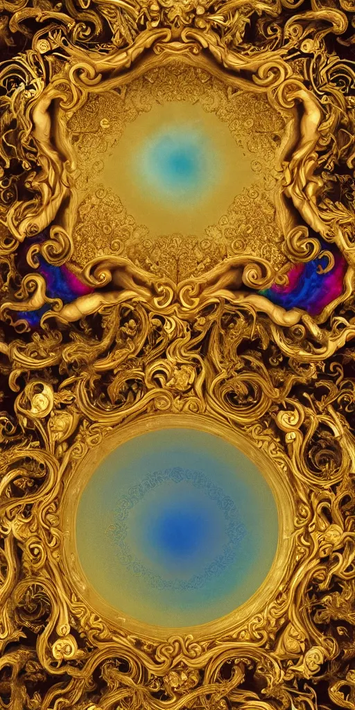 Image similar to the source of future growth dramatic, elaborate emotive Golden Baroque and Rococo styles to emphasise beauty as a transcendental, seamless pattern, symmetrical, large motifs, sistine chapel ceiling, 8k image, supersharp, spirals and swirls, smoke and inkbursts, rainbow ink dropping in water, Gold black and rainbow colors, perfect symmetry, 3D, no blur, sharp focus, photorealistic, insanely detailed and intricate, cinematic lighting, Octane render, epic scene, 8K