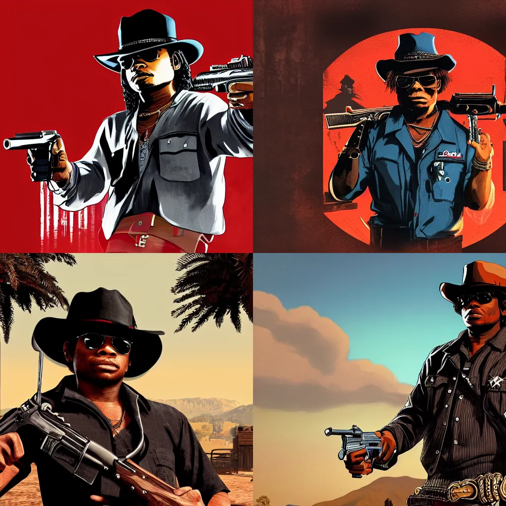 Prompt: eazy - e in the red dead redemption loading screen, masterpiece, 8 k, 4 k, art by daren bader