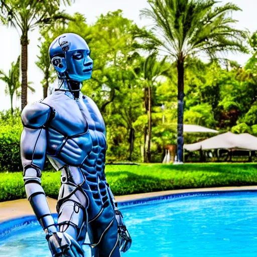 Image similar to a realistic detailed photo of a guy who is an attractive humanoid who is half robot and half humanoid, who is a male android, wrestler nick suriano, shiny skin, posing like a statue, blank stare, by the pool, on display, showing off his muscles, humanoid robot, frozen ice statue