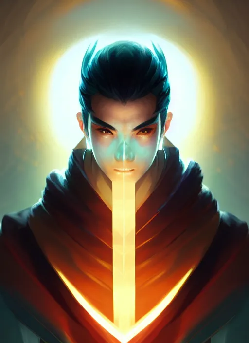 Image similar to symmetry!! portrait of yasuo, league of legends, tech wear, glowing lights!! intricate, elegant, highly detailed, digital painting, artstation, concept art, smooth, sharp focus, illustration, art by artgerm and greg rutkowski and alphonse mucha