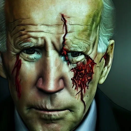 Image similar to joe biden as a rotting zombie, full body portrait, in a front of podeum, horror core, apocalyptic, feeling of grimdark, sharp focus, fiction, hyper detailed, digital art, trending in artstation, cinematic lighting, studio quality, smooth render, unreal engine 5 rendered, octane rendered, art style and nixeu and wlop and krenz cushart