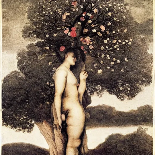 Prompt: tree where the trunk is a beautiful woman's head blooming with flowers, by Odd Nerdrum, by Francisco Goya, by M.C. Escher, beautiful, eerie, surreal, colorful