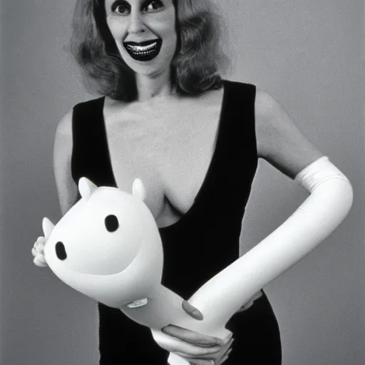 Prompt: 1976 woman wearing a long prosthetic snout nose and nostril, soft color wearing a leotard 1976 holding a smiley inflatable hand puppet color film 16mm Almodovar John Waters Russ Meyer Doris Wishman old photo