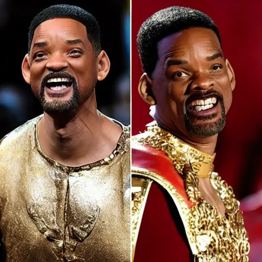 Image similar to will smith slap chris rock in the face, dressed as gladiator, with angels wings, in theater