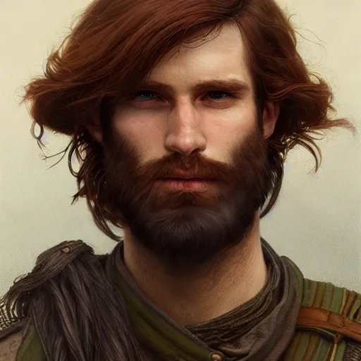 Image similar to portrait of a rugged ranger, 25 years old, beard, male, masculine, upper body, red hair, long hair, soft hair, D&D, fantasy, intricate, elegant, highly detailed, digital painting, artstation, concept art, matte, sharp focus, illustration, art by Artgerm and Greg Rutkowski and Alphonse Mucha