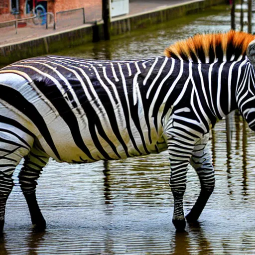 Prompt: photograph of a A zebra on a canal in Delft