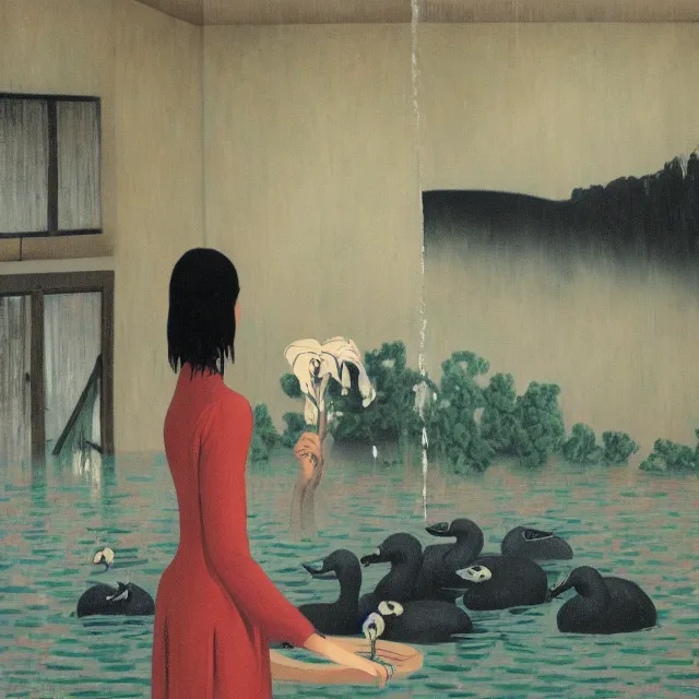 Prompt: tall female emo artist in her flooded kitchen, water gushing from ceiling, painting of flood waters inside an artist's home, a river flooding indoors, pomegranates, pigs, ikebana, zen, water, octopus, river, rapids, waterfall, black swans, canoe, berries, zen, acrylic on canvas, surrealist, by magritte and monet