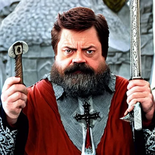 Image similar to ron swanson is a white haired, bearded dwarven cleric carrying a holy symbol in his right hand and a holy sword in his left hand