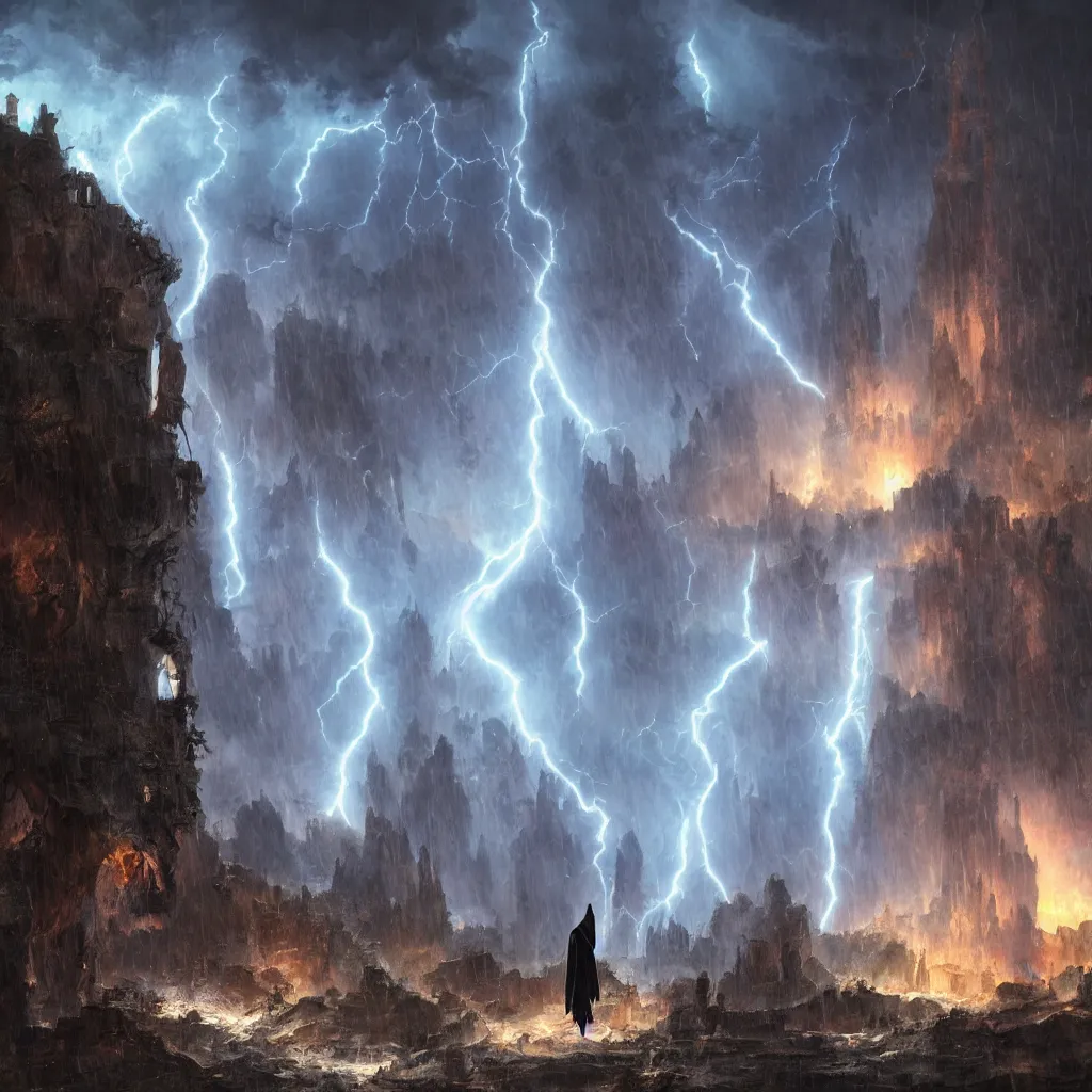 Image similar to a still of a cloaked figure standing in the ruins of crux prime, monastery, there is lightning, blue fiery maelstrom in the distance, it is raining, digital art, artstationhq