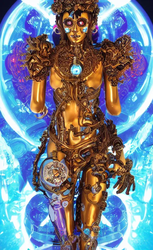 Image similar to a young beautiful hispanic metal android with a large glowing orange crystal in the center of her chest, full-body bronze cyberpunk style statue of Andromeda with glowing blue laser eyes, crown of mechanical chrysanthemums, flowing aqua silk, fabric, steampunk flowers. baroque elements, human skull. full-length view. baroque element. intricate artwork by caravaggio. many flying horses on background. Trending on artstation, octane render, cinematic lighting from the right, hyper realism, octane render, 8k, depth of field, 3D