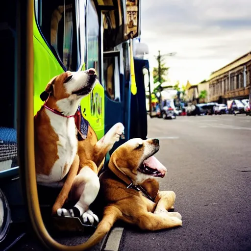 Image similar to !dream a street photo of two dogs sitting in front of the bus