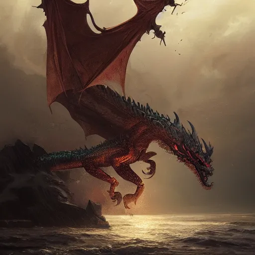 Image similar to A seven-headed dragon with ten horns coming out of the sea, well defined image , digital Art, Greg rutkowski, Trending artstation, cinematographic, hyperrealistic