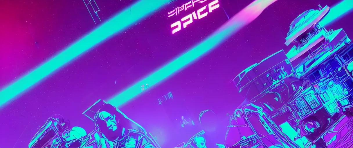 Prompt: hyper detailed 2090s neo-surreal neon purple and teal propaganda torn poster of space workers sharp cinematic lighting 8k wide angle shallow depth of field