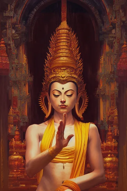 Image similar to temple, buddhism, painting by greg rutkowski, j. c. leyendecker, artgerm