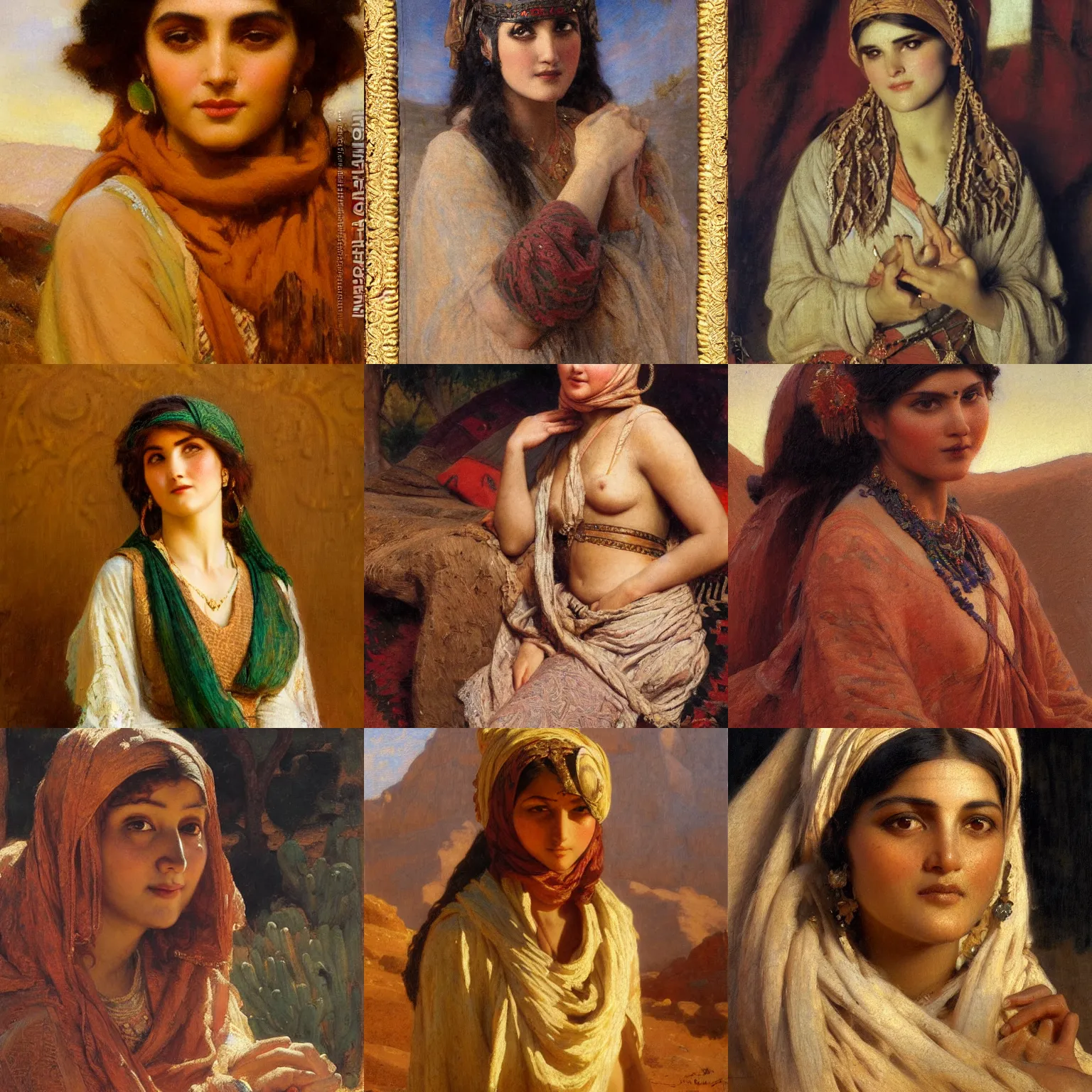 Prompt: orientalism cute woman in the desert face detail by theodore ralli and nasreddine dinet and annie swynnerton and nikolay makovsky and edwin longsden long, oil on canvas, masterful intricate artwork, excellent lighting, high detail 8 k