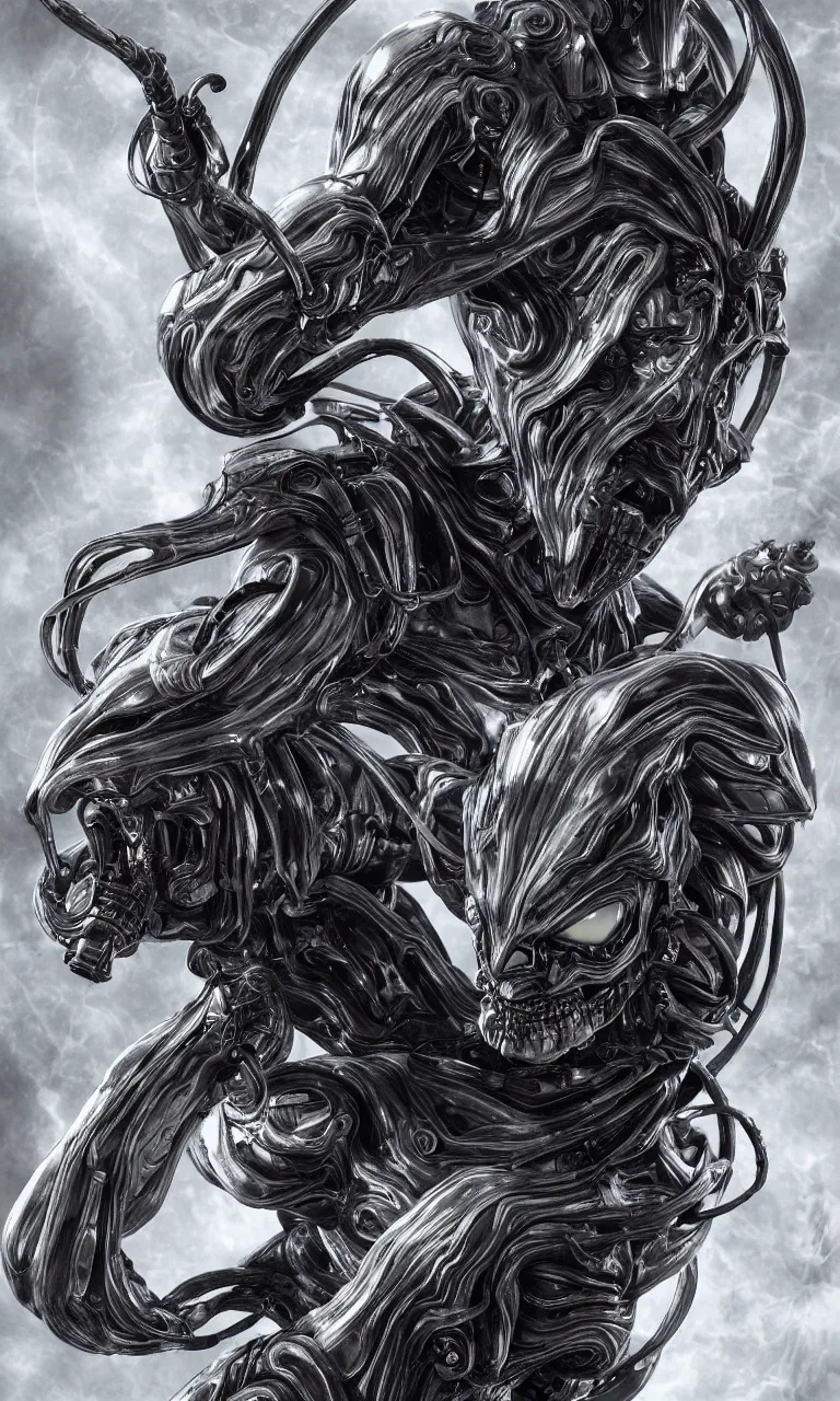 Image similar to engineer prometheus face by Artgerm, xenomorph alien, highly detailed, symmetrical long head, smooth marble surfaces, detailed ink illustration, raiden metal gear, cinematic smooth stone, deep aesthetic, concept art, post process, 4k, carved marble texture and silk cloth, latex skin, highly ornate intricate details, prometheus, evil, moody lighting, hr geiger, hayao miyazaki, indsutrial Steampunk