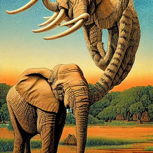 Image similar to elephant, beautiful aztec painting by johfra bosschart and michael whelan, trending on artstation russian technological shoal mayonnaise ash tree, by innes and jean giraud, a small