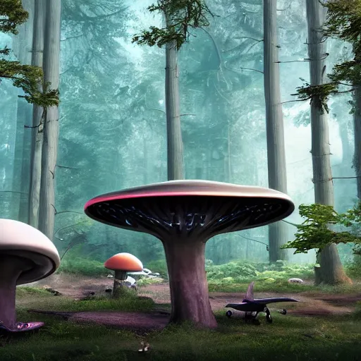 Image similar to a futuristic mushroom buildings in the middle of the forest, with futuristic flying cars hovering in the background, photography, cinematic, unreal engine, 4 k