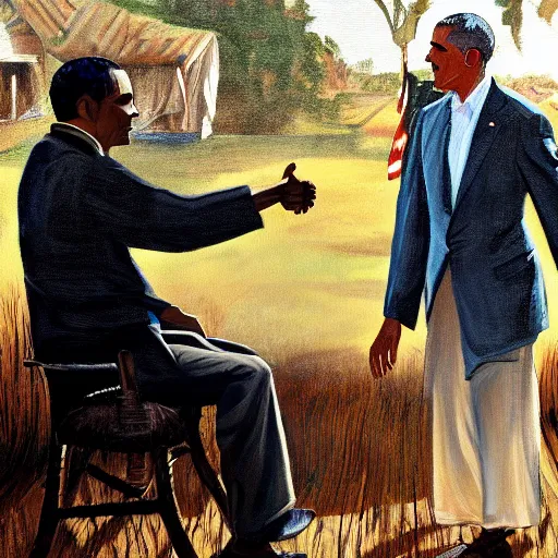 Prompt: painting of president obama meeting solomon northup and shaking hands, sunny day, 4 k