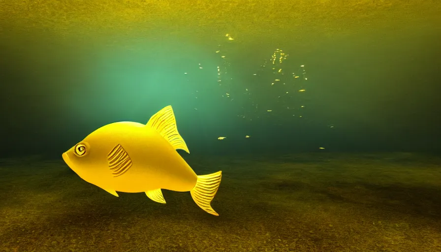 Image similar to a desolate golden glowing fish! swims in magical water with caustics and volumetric lighting, photorealistic painting