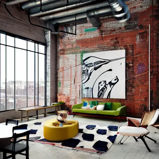 Prompt: trendy downtown loft with modern murals on the wall, contemporary art, and patterns, interior design, rustic industrial architecture