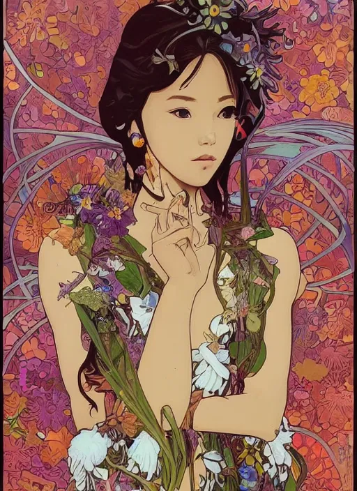 Image similar to !!! very coherent!!! oil painting, beautiful floralpunk iban bio mechanical portrait girl female illustration detailed patterns art of sarawak traditional dress, flower pop art, floral splash painting, art by ashley wood, alphonse mucha, makoto shinkai, geof darrow, dark shadow