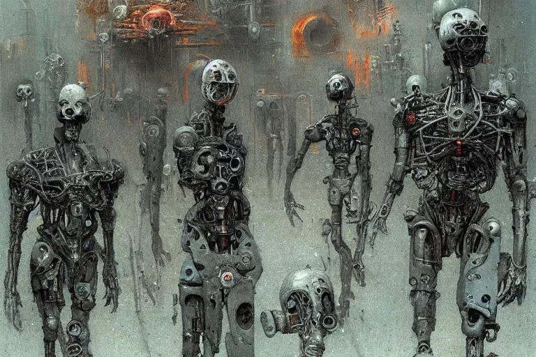 Prompt: tobots cyborgs scrapyard by beksinski