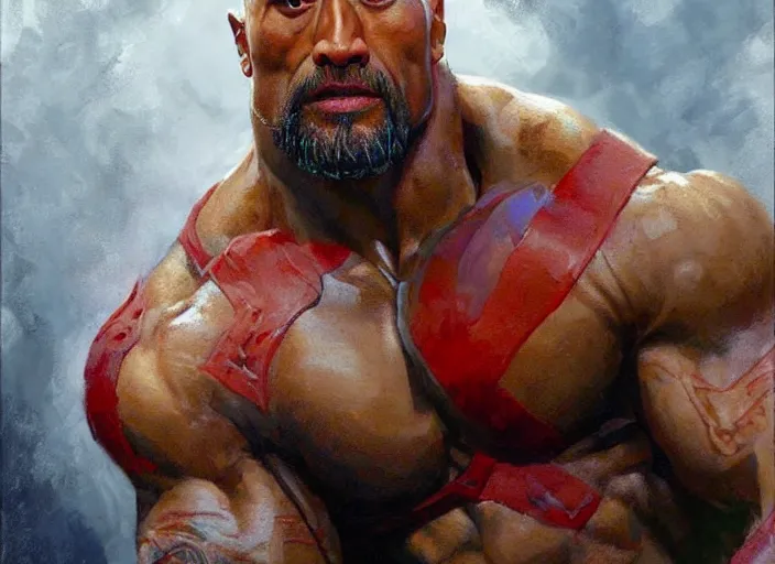 Image similar to a highly detailed beautiful portrait of dwayne johnson as kratos, by gregory manchess, james gurney, james jean