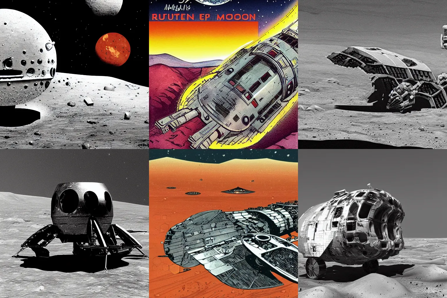 Prompt: a ruined spaceship on the moon, science fiction