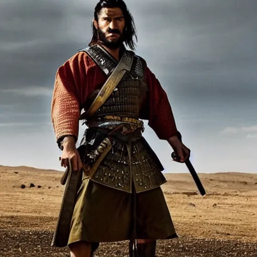 Image similar to handsome and strong! kurdish! samurai in a movie directed by christopher nolan, movie still frame, promotional image, imax 7 0 mm footage, perfect symmetrical facial features