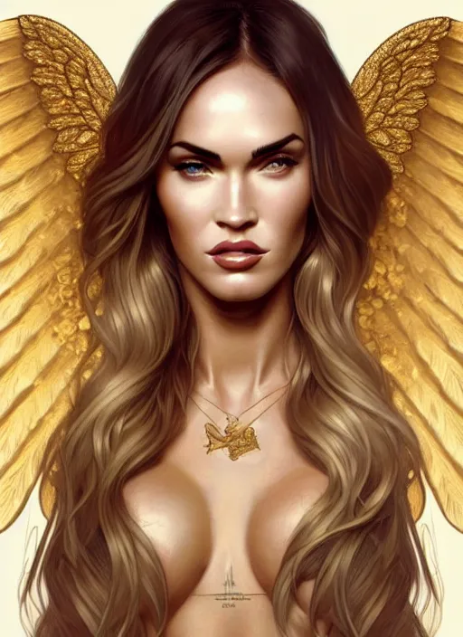 Prompt: portrait of megan fox as an blonde angel, blonde hair, wings, bible, corona, gold, jewelry, intricate, headshot, highly detailed, digital painting, artstation, concept art, sharp focus, cinematic lighting, illustration, art by artgerm and greg rutkowski, alphonse mucha, cgsociety