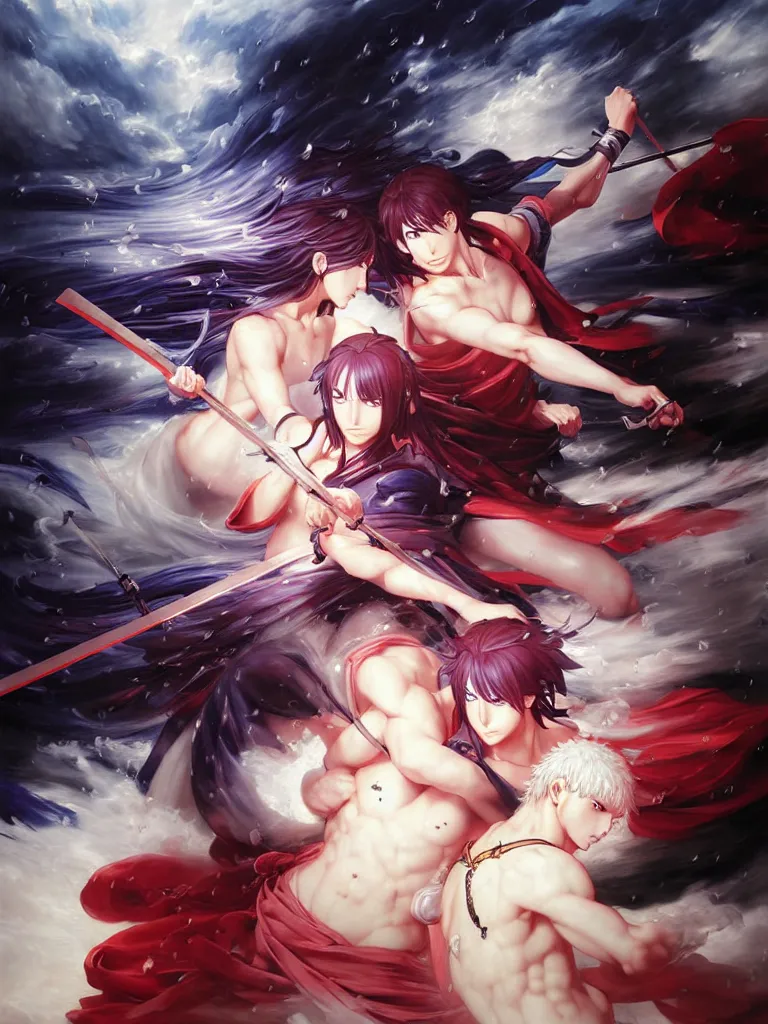 Image similar to baroque oil painting of key visual kunoichi fight, rain, painting by makoto shinkai takashi takeuchi yoshiyuki sadamoto, fate stay night, wlop and artgerm