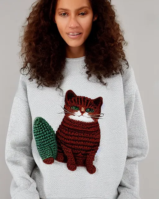 Prompt: a sweatshirt with a crochet cat on the front, catalogue photo,