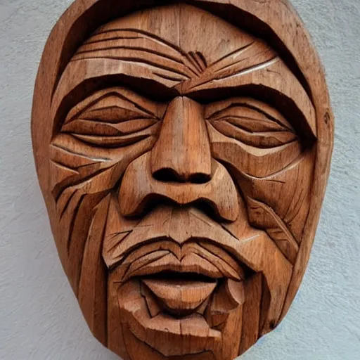 Image similar to an intricate face carved out of wood