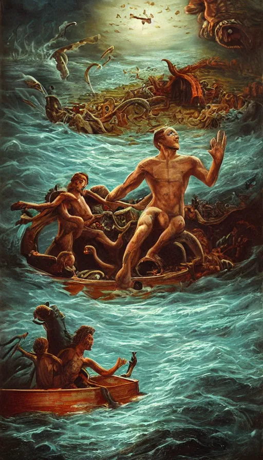 Prompt: man on boat crossing a body of water in hell with creatures in the water, sea of souls, by steve argyle