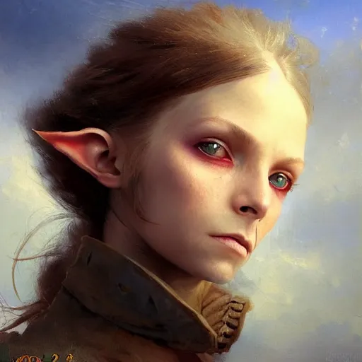 Image similar to three-quarters portait of an rogue girl with flowing brown hair, elf ears, david bowie eyes, heterochromia, highly detailed, painted, hyper-realistic, epic brushwork, 8k, surrealism, by Ivan Aivazovsky; by Aleksi Briclot; by Marc Simonetti