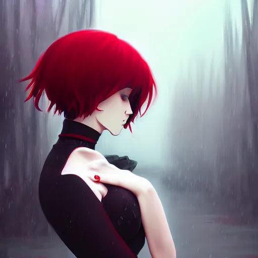 Image similar to beautiful seductive female dullahan, in the rain, highly detailed, painting, dark red and black color palette, intricate, high quality anime artstyle, in the style of ilya kuvshinov