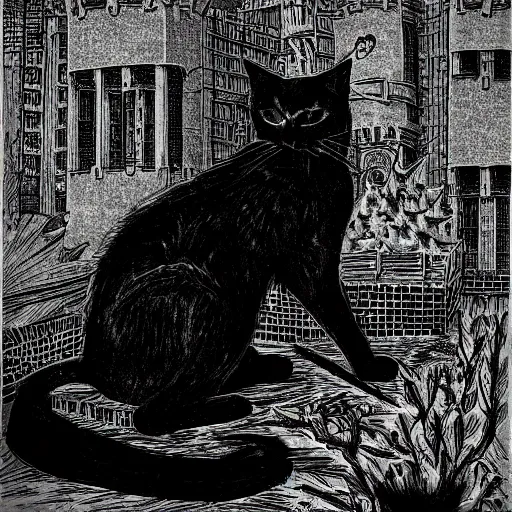 Image similar to a all black cat sitting on top of a castle, demon cat, style of kentaro miura!!!!, black and white, finely detailed