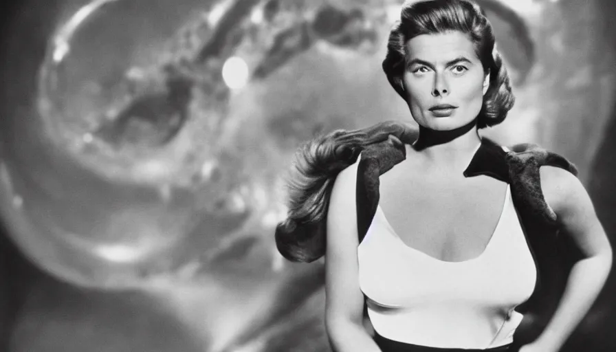 Image similar to film capture, young ingrid bergman dressed as barbarella, exploring an alien planet. symmetrical face. symmetrical body. cinematic. 1 0 0 mm lens. realistic. photograph.