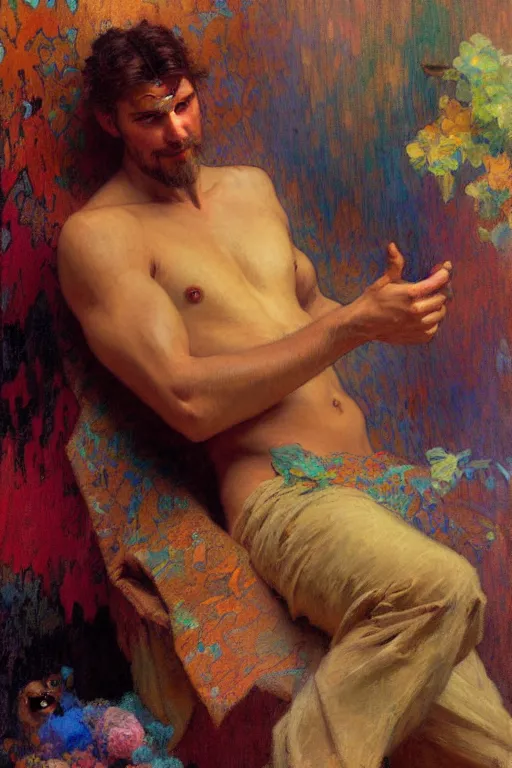 Image similar to attractive man, rainbow, painting by gaston bussiere, craig mullins, greg rutkowski, alphonse mucha