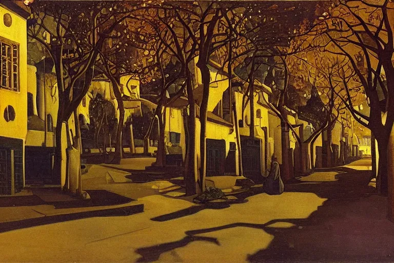 Image similar to tree-lined street at midnight in a very old very beautiful city by Nicholas Roerich and Rudolf Ernst, colorful tiled architecture, strong dramatic cinematic lighting, lost civilizations, smooth, sharp focus, extremely detailed